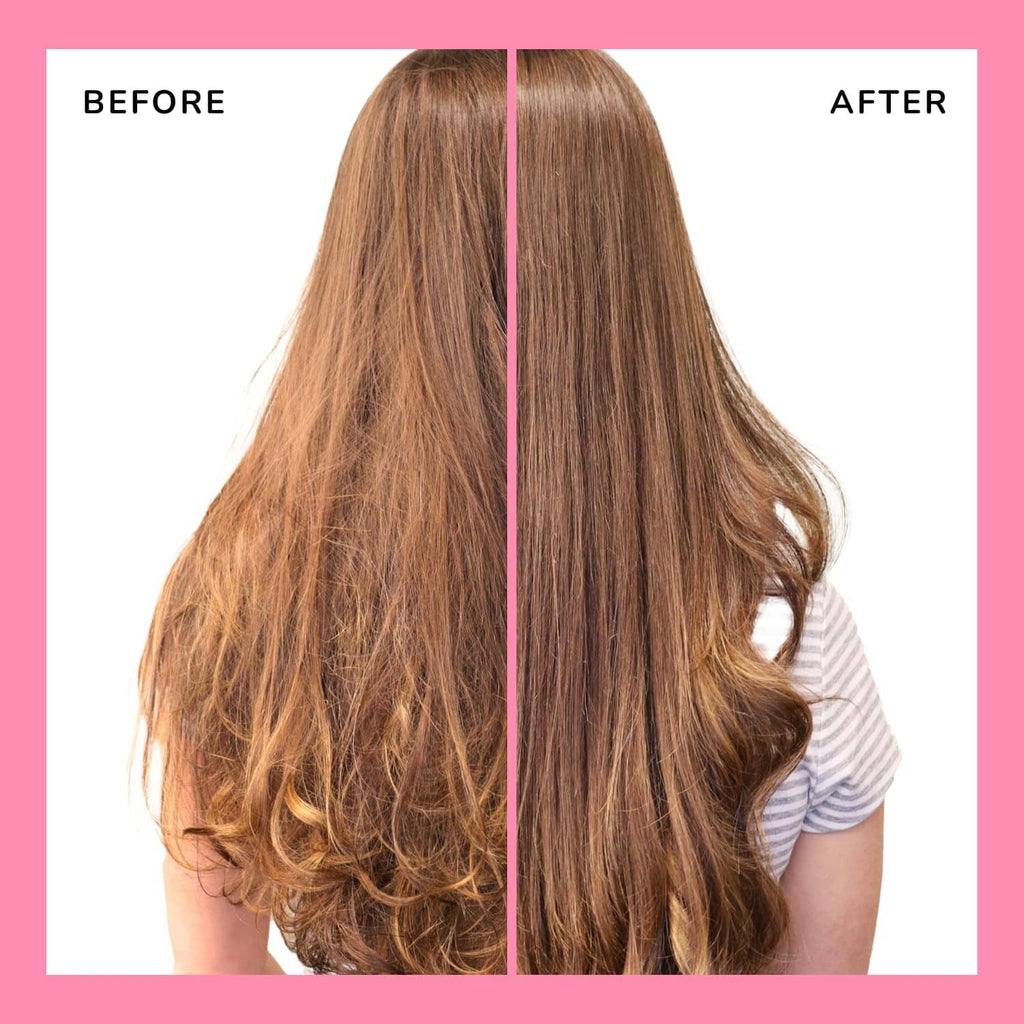 Before-and-after detangling result on long brown hair