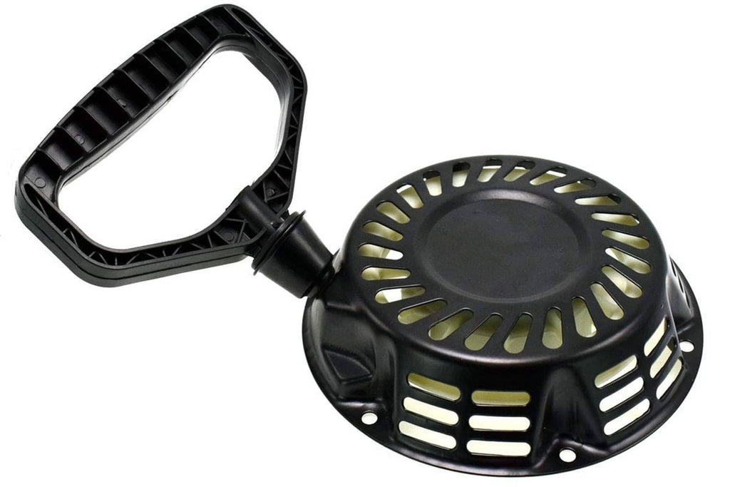 Black recoil starter assembly with pull handle and vented recoil housing