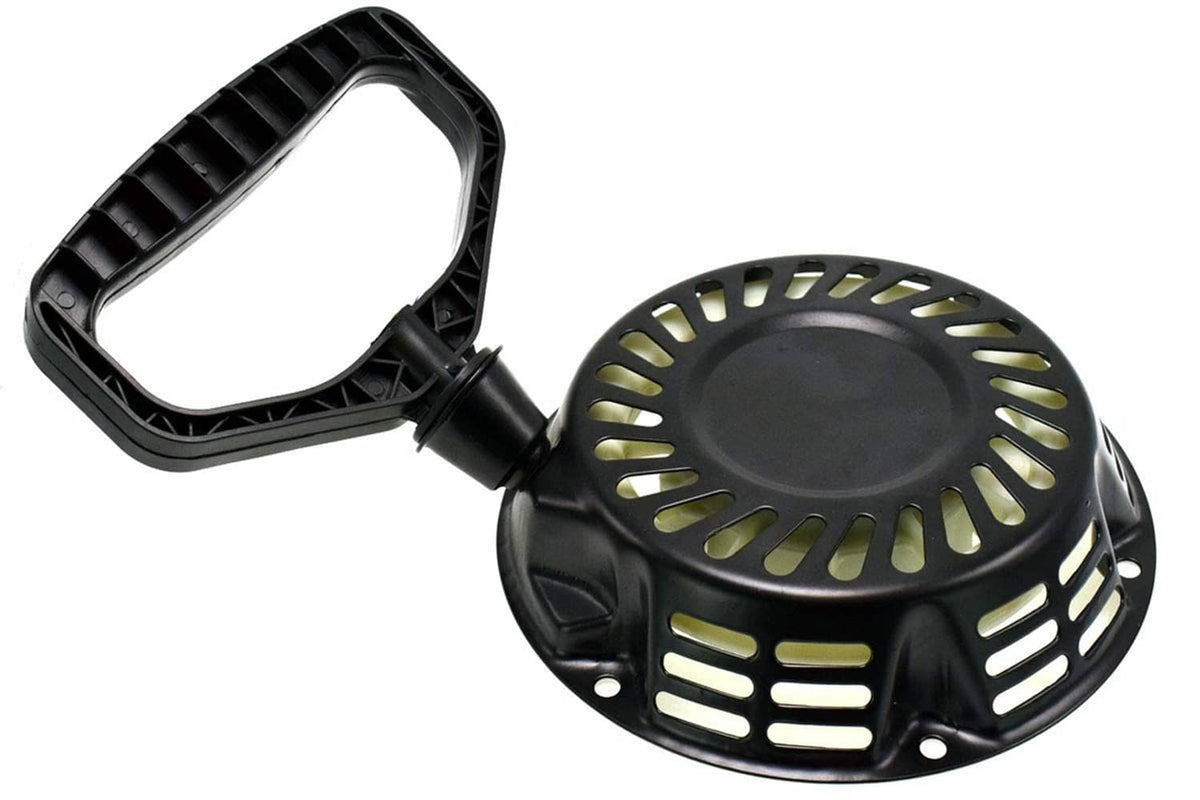 Black recoil starter assembly with pull handle and vented recoil housing