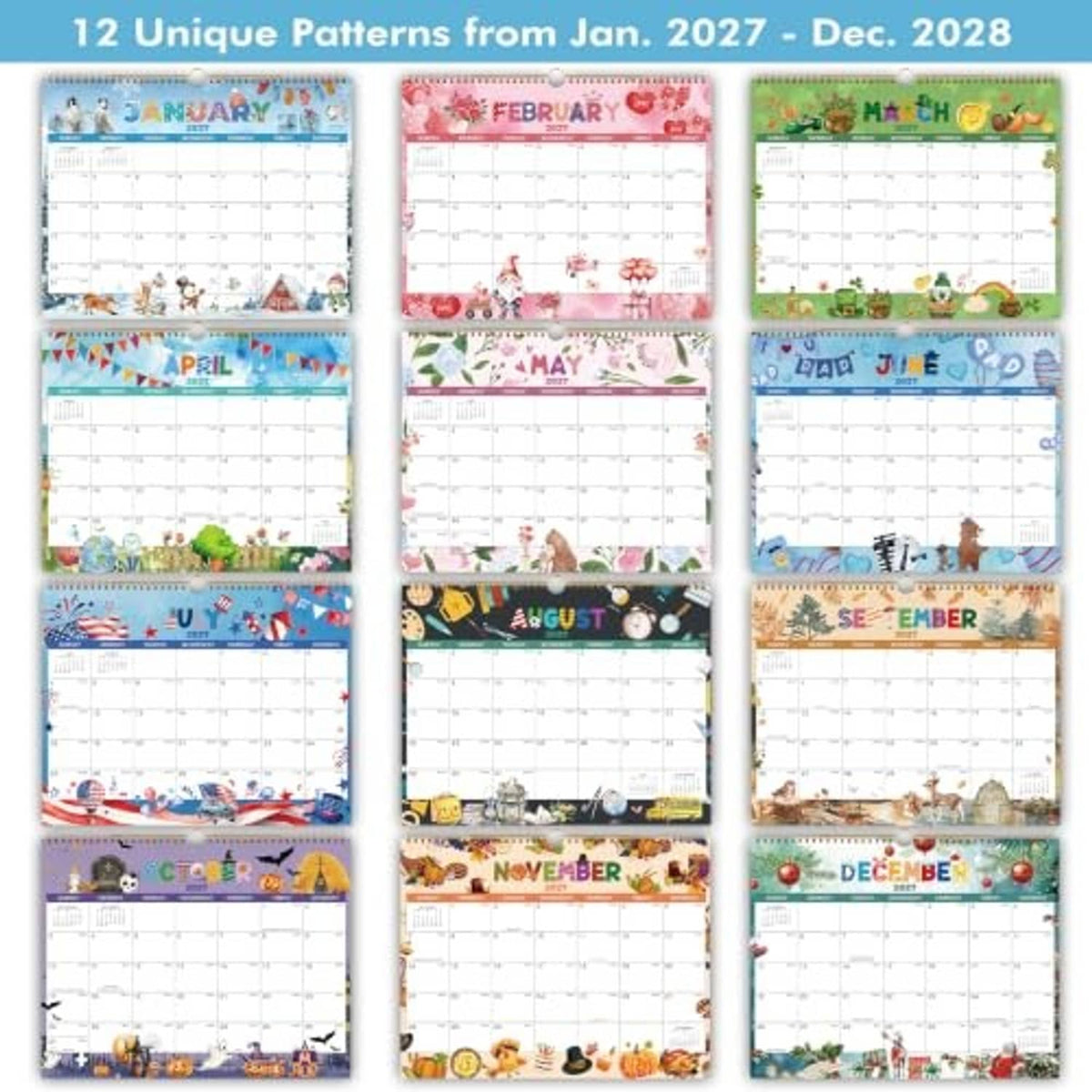 Set of 12 wall calendar months from Jan 2027 to Dec 2028, colorful patterns