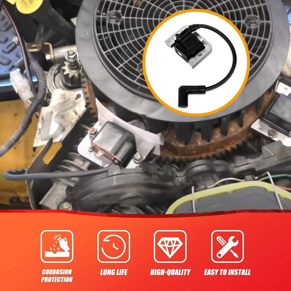 Ignition module installed on an engine with black lead and connector, close-up
