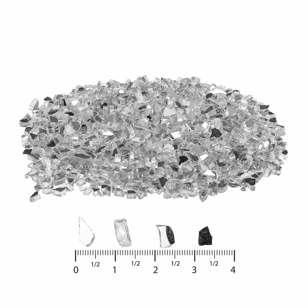 Clear crushed glass fire pit gems with measuring scale beneath