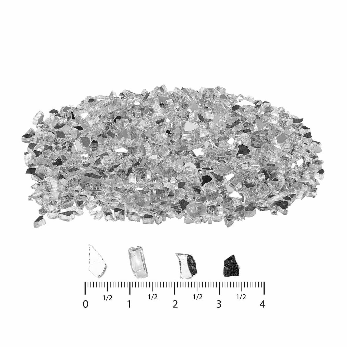 Clear crushed glass fire pit gems with measuring scale beneath