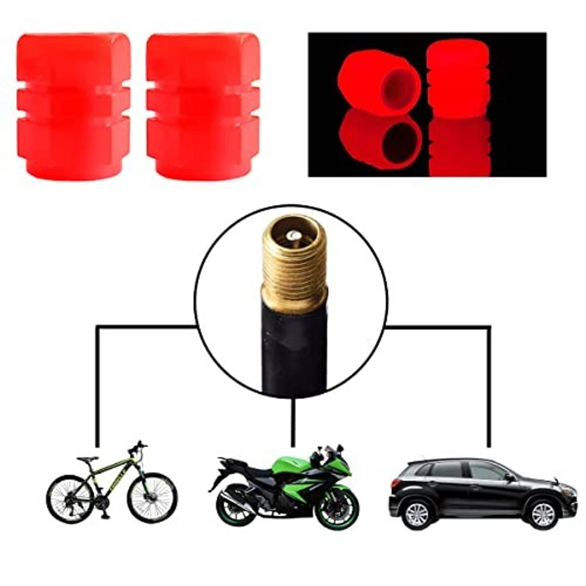 Red tire valve stem caps with brass inner thread, two caps shown in close-up