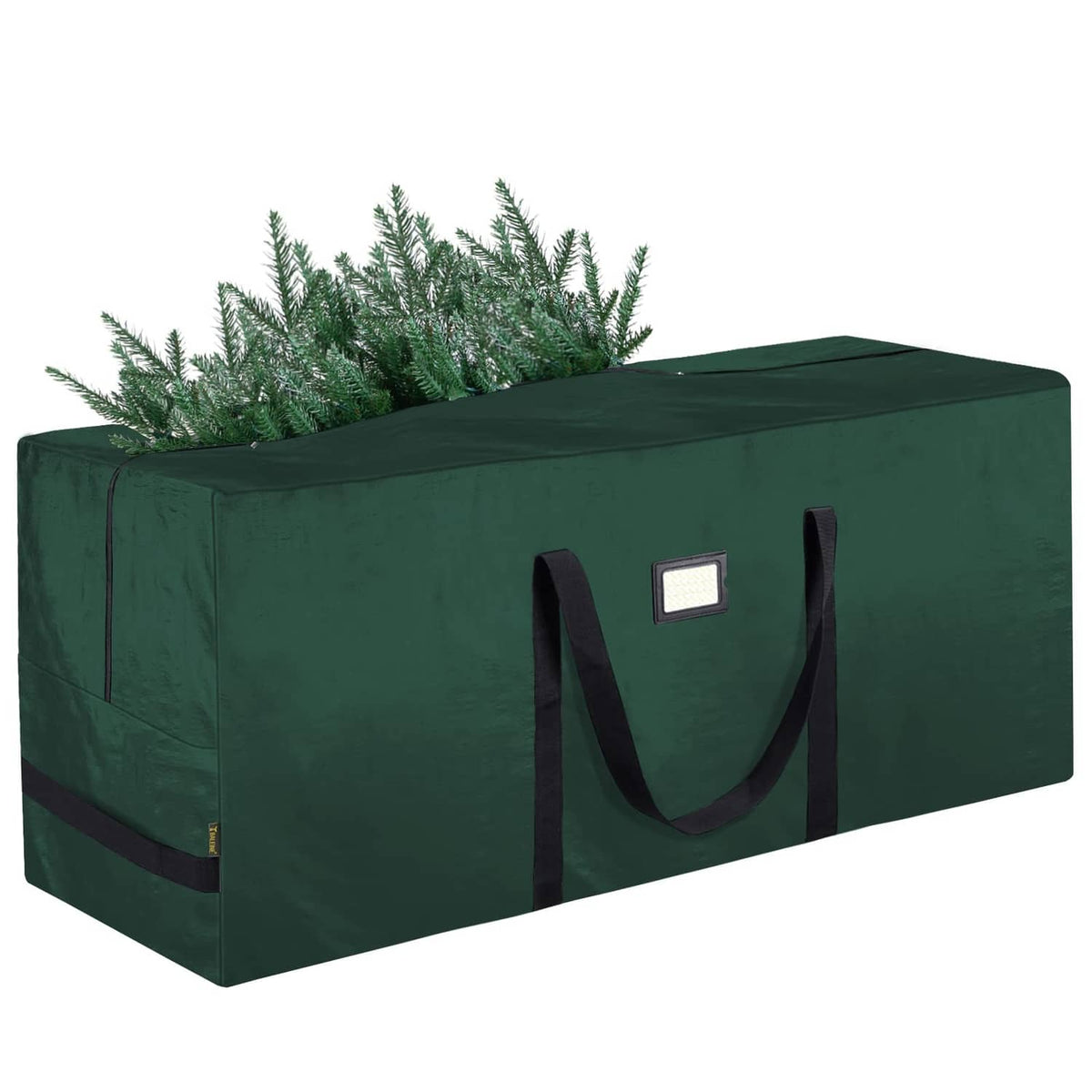Green extra large Christmas tree storage bag with two carry handles and label patch
