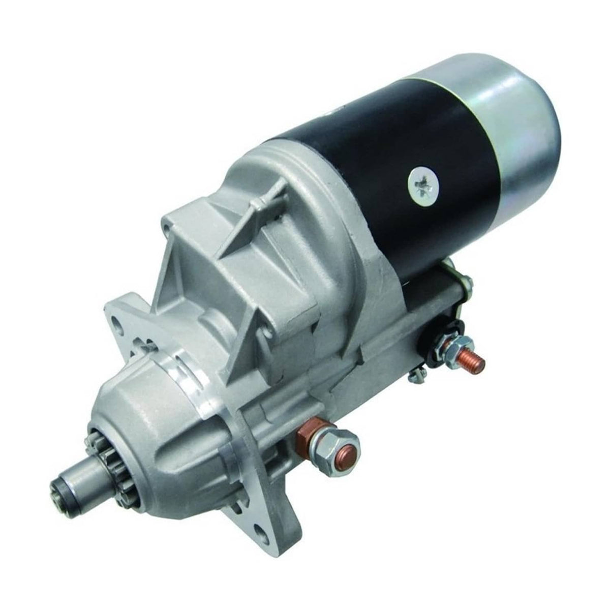 Starter motor angled view with silver body, black cylinder, and mounting bolts
