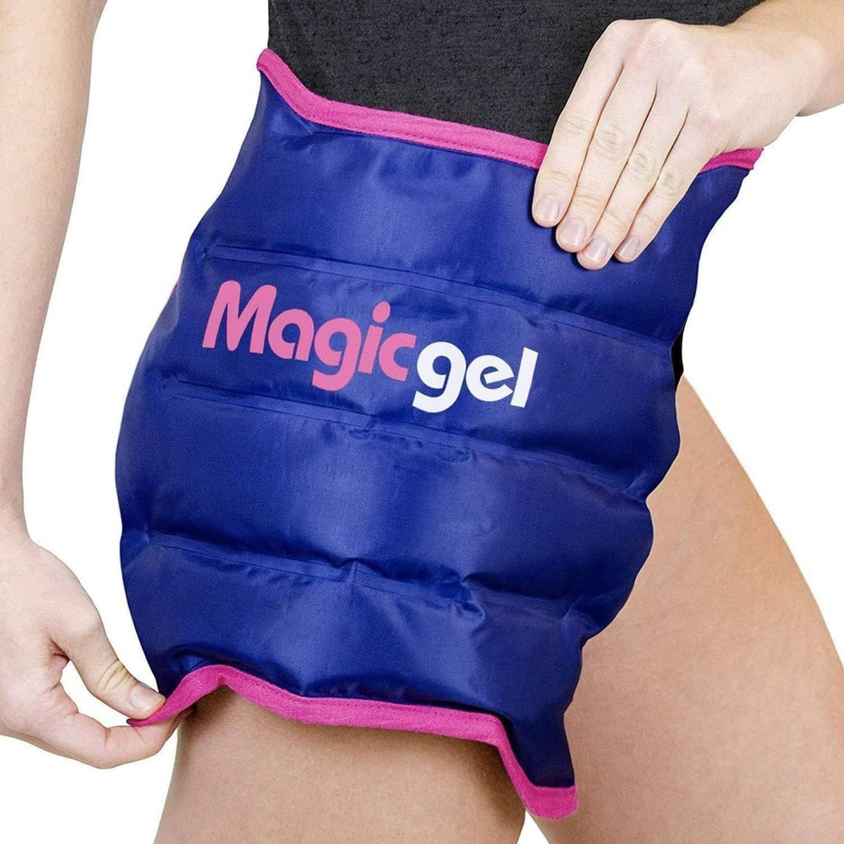 Reusable blue gel hip ice pack wrap with pink trim, held over hip area