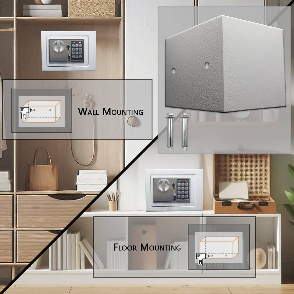 White electronic safe box with keypad lock, shown for wall mounting and floor mounting