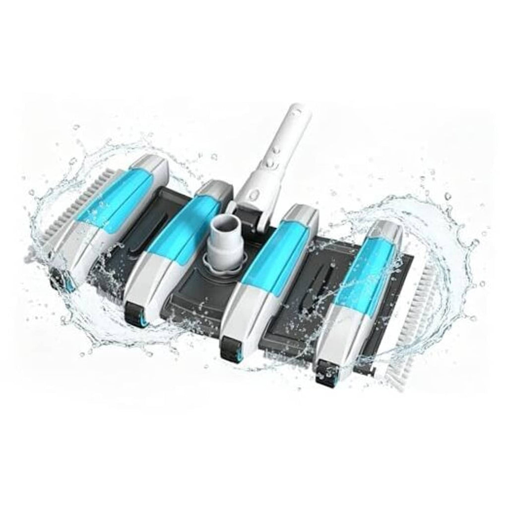 Blue and gray pool vacuum head with roller brushes and suction port