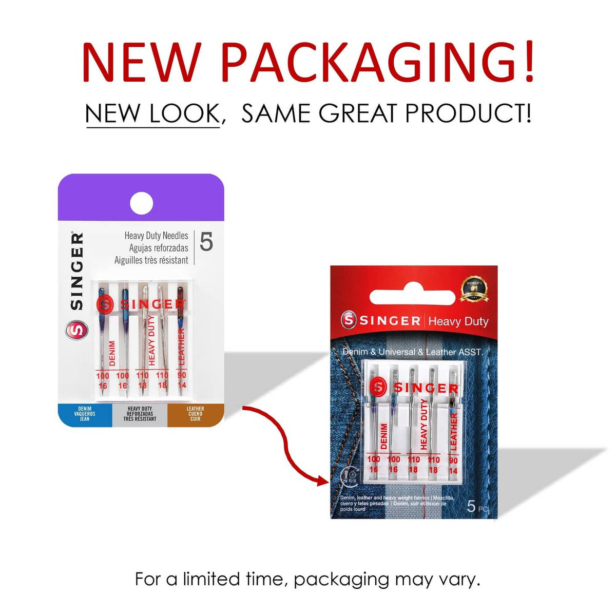 Singer heavy duty universal sewing needles 5-count package with denim and leather size info