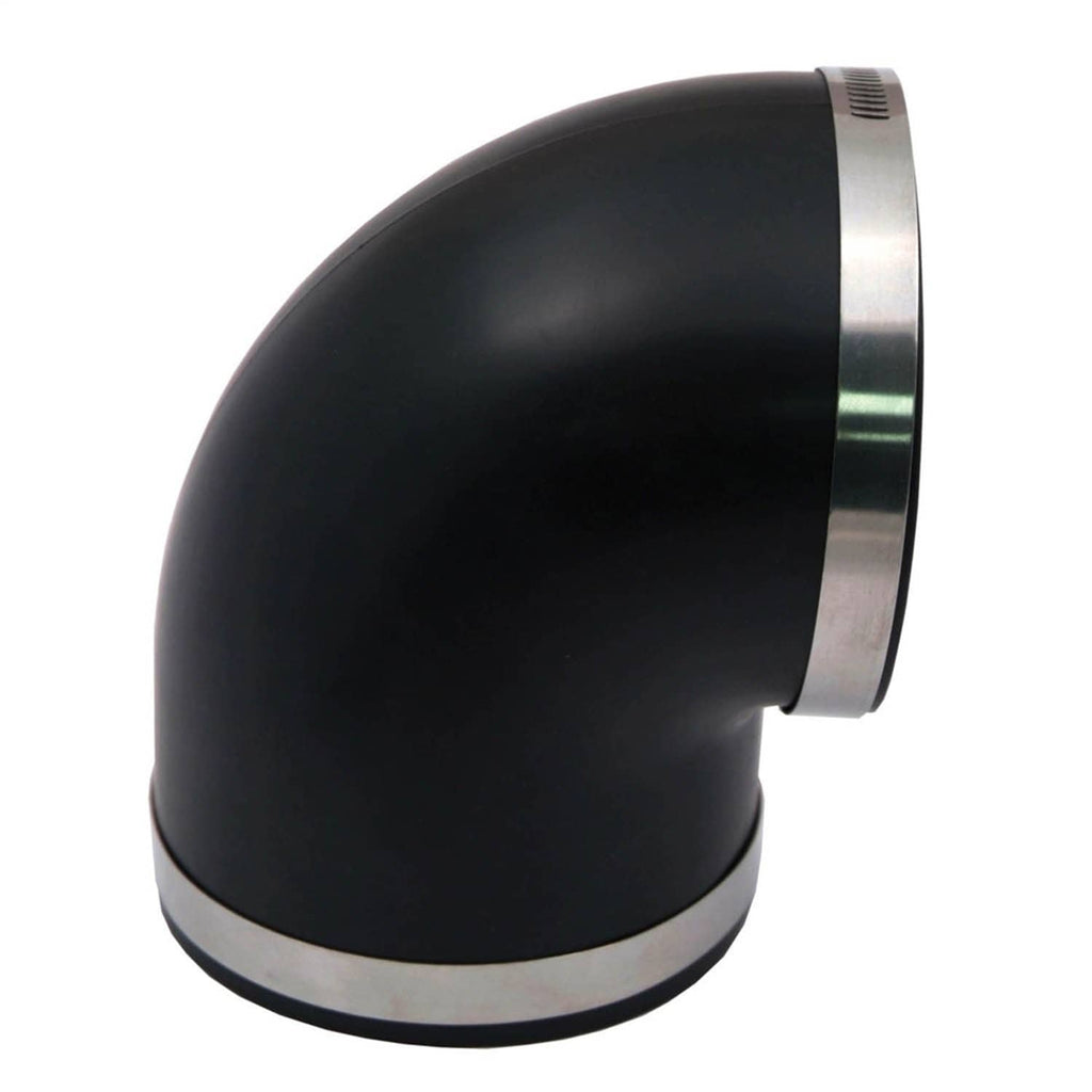Black 90-degree exhaust boot elbow with brushed metal ring, smooth curved pipe