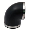 Black 90-degree exhaust boot elbow with brushed metal ring, smooth curved pipe