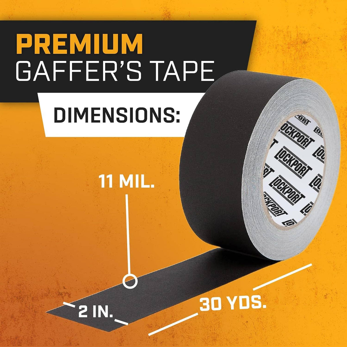 Black gaffer tape roll with gray core, 2-inch wide matte tape
