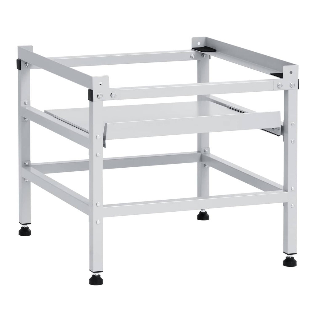 White dual-tray laundry machine base with cross braces and non-slip feet