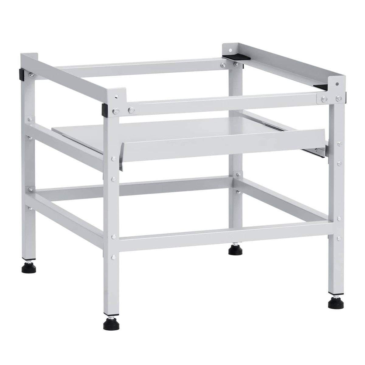 White dual-tray laundry machine base with cross braces and non-slip feet