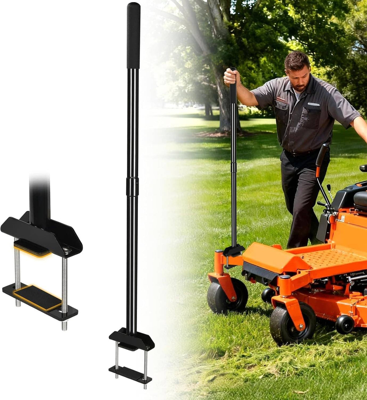 Black zero-turn mower grab bar accessory with vertical handle and two mounting stands