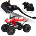 Black brake master cylinder with lever and fluid reservoir, angled view