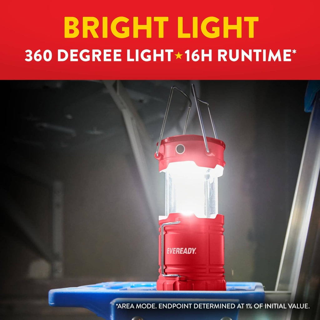 Red LED lantern emitting bright white light from a clear housing with top handles.