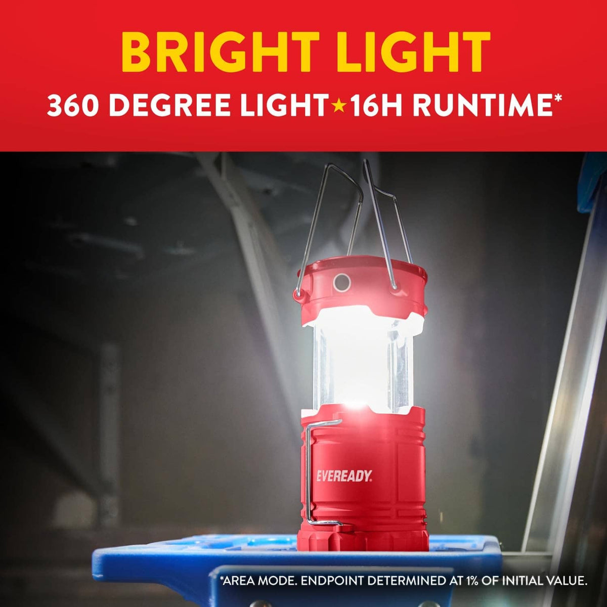 Red LED lantern emitting bright white light from a clear housing with top handles.