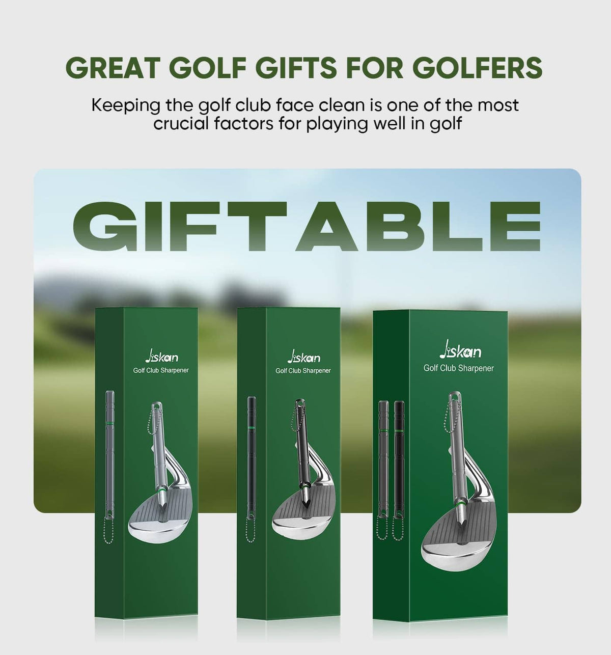 Gift-ready golf club groove sharpener in green packaging with black tool and chain