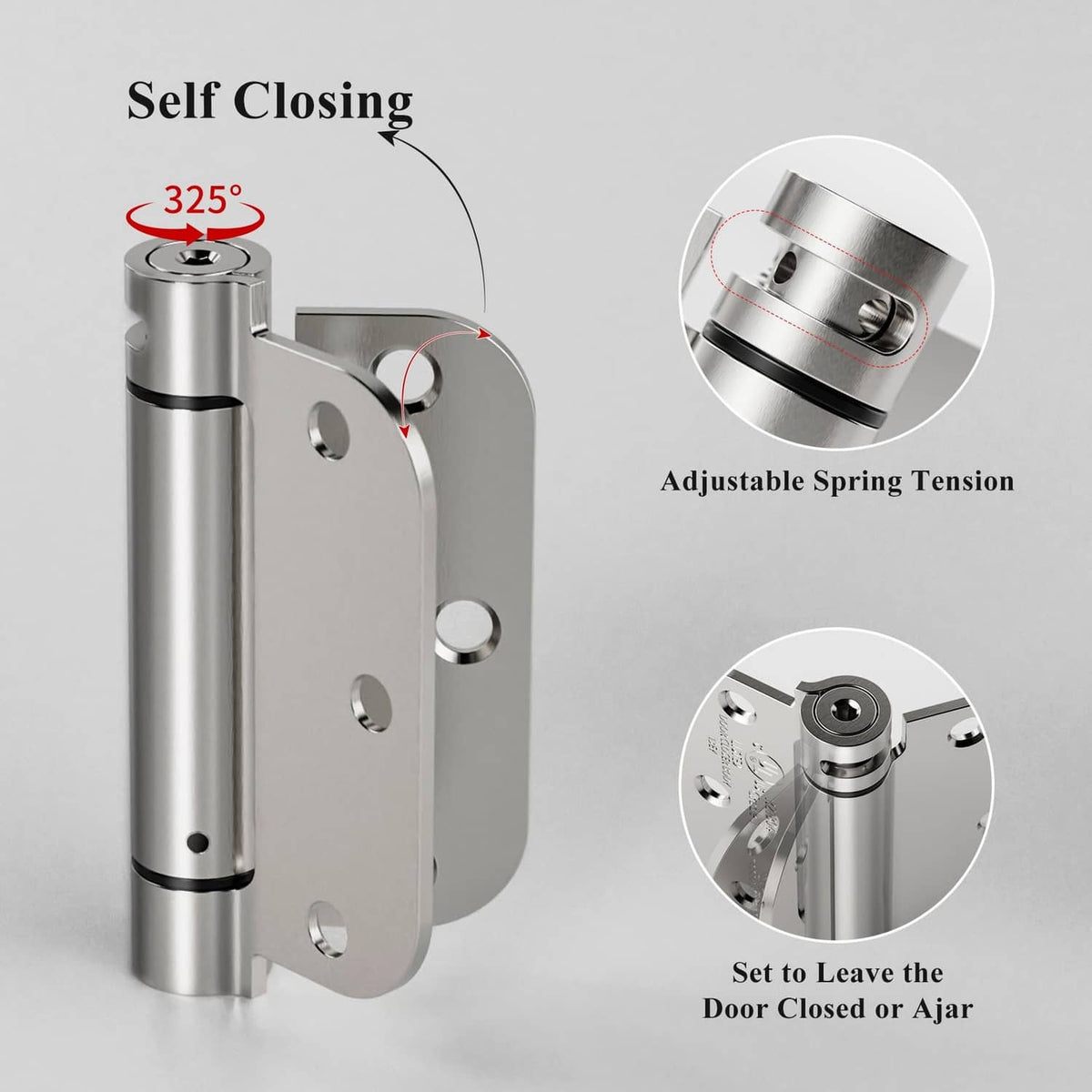 Self-closing door hinge mechanism with adjustable spring tension, satin nickel