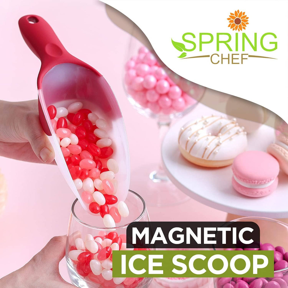 Hand holding red ice scoop filled with red and pink ice beads