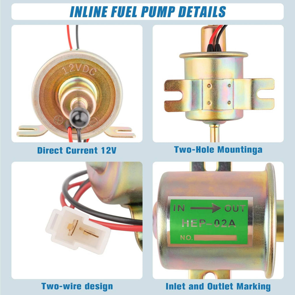 Inline 12V low-pressure fuel pump with two-hole mounting and inlet/outlet markings