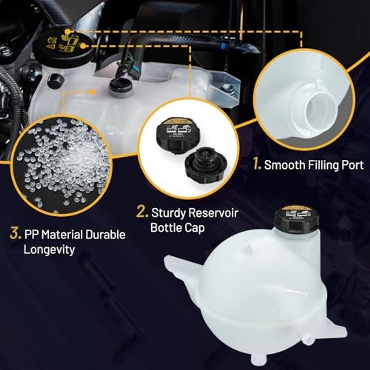 Coolant reservoir tank, white plastic with black cap and molded outlet