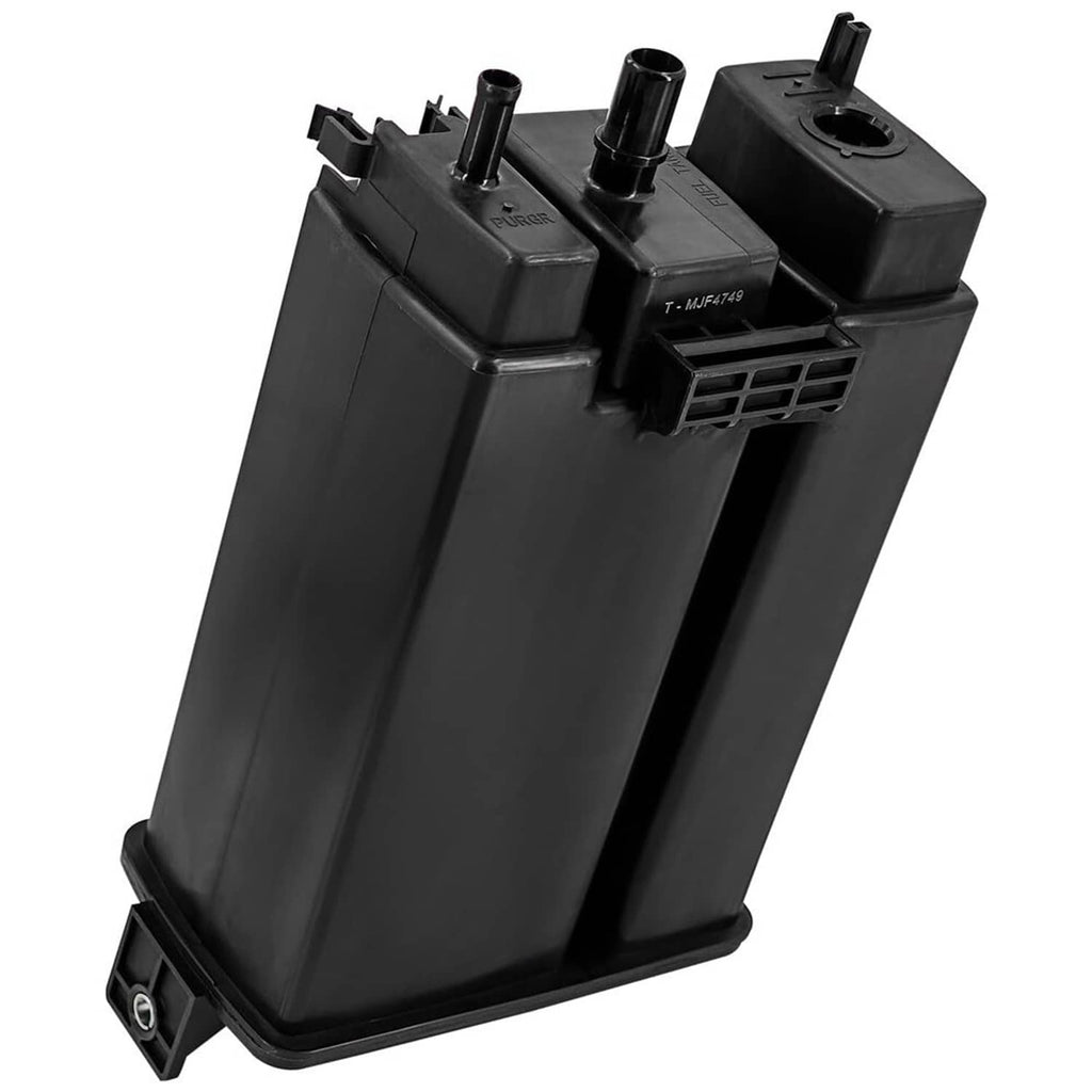 Black fuel vapor canister with T-shaped label and top vent ports