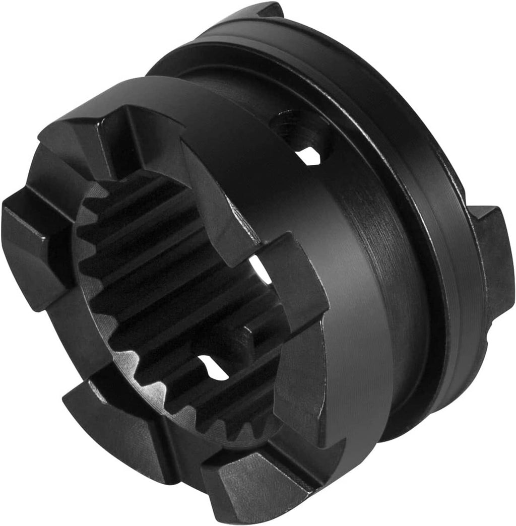 Black reverse-side clutch dog with 3-jaw teeth and central splined bore