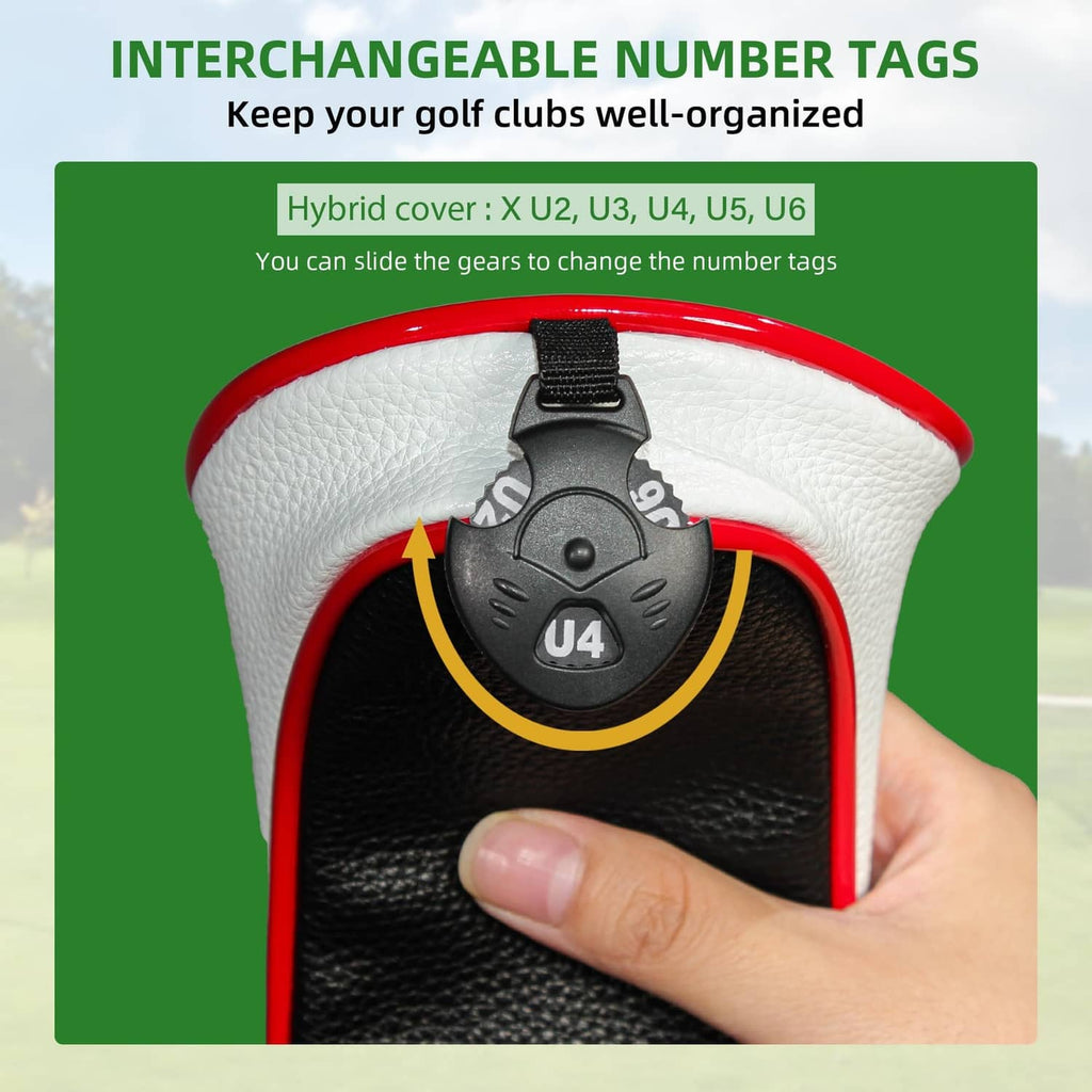 Black golf hybrid headcover with adjustable number tag holder, U4 marking