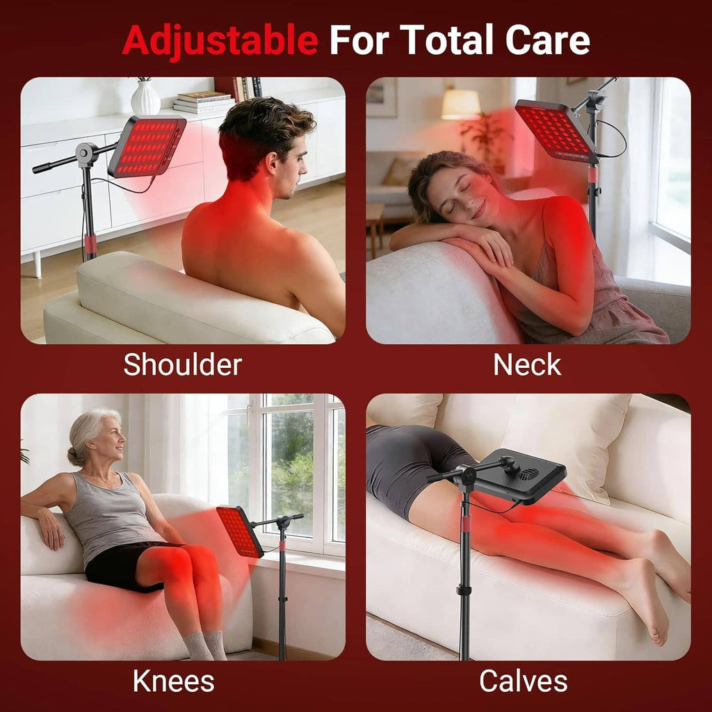 Adjustable red light therapy lamp showing different placement for shoulder, neck, knees