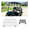 Folding clear windscreen for a golf cart, with black frame and transparent shield panels