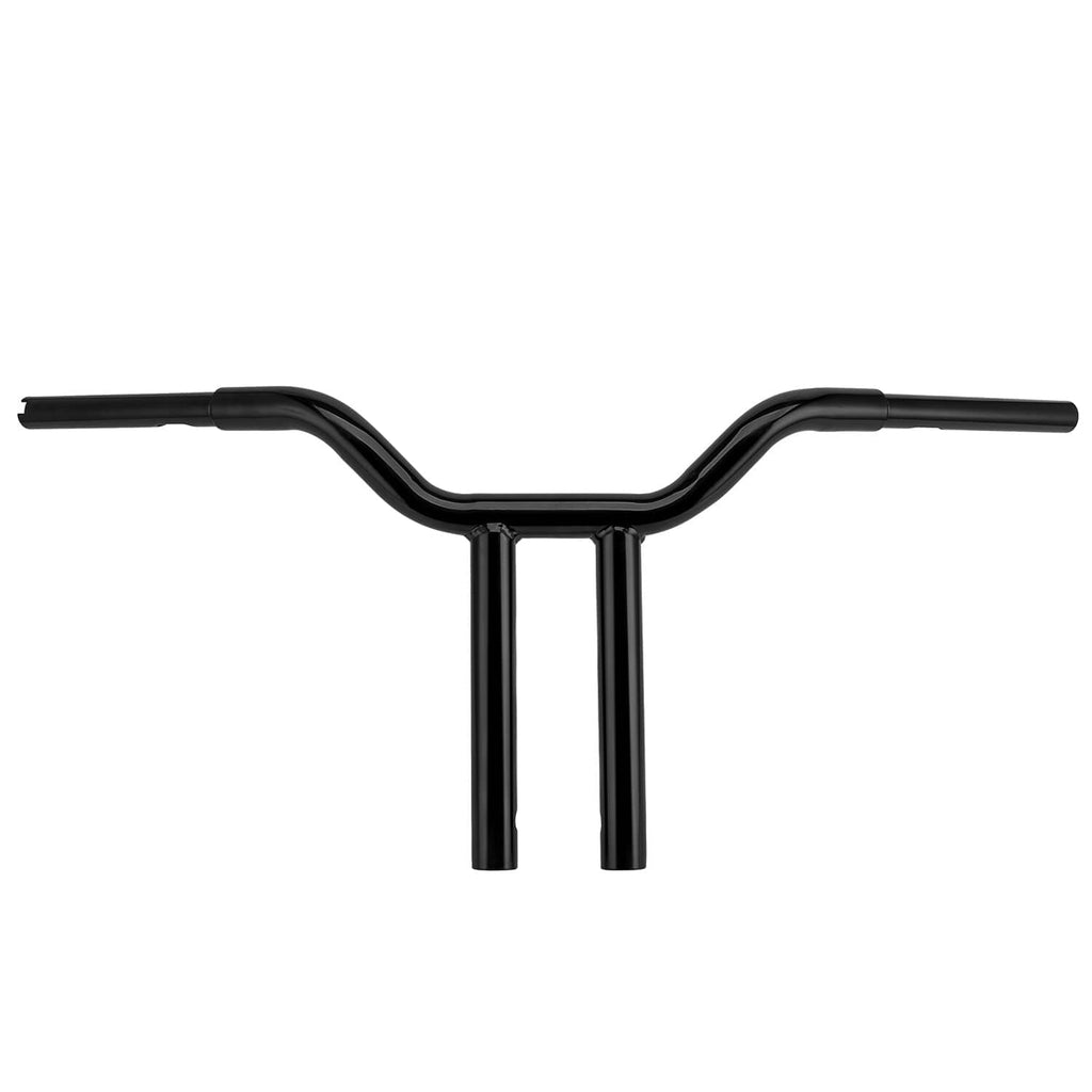 Black T-bar motorcycle handlebar with central riser and horizontal end grips, front view