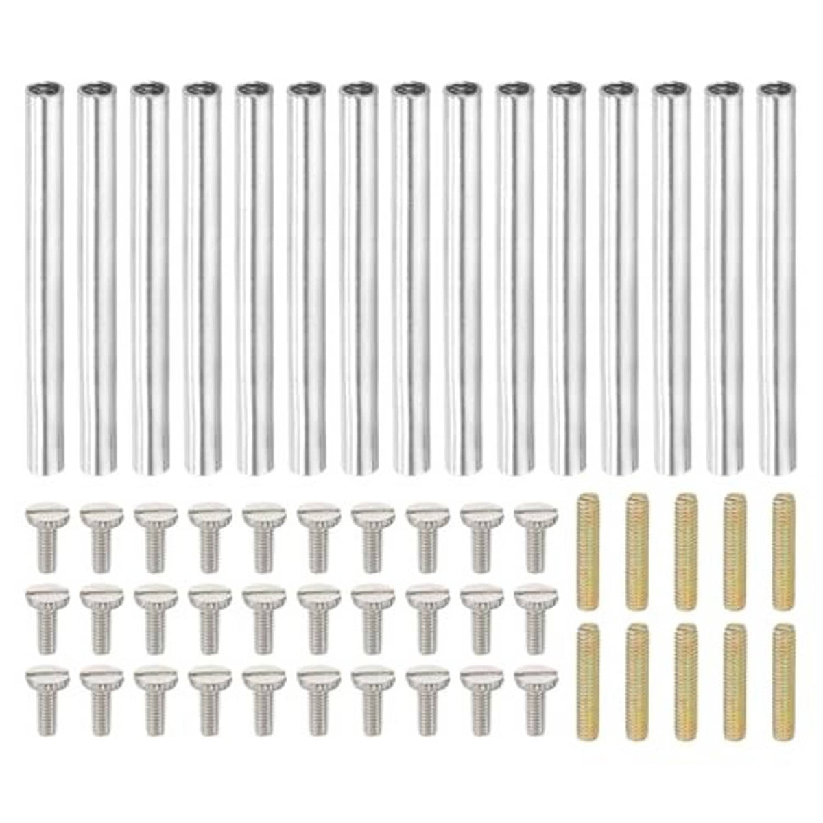 M4 coupling nuts kit with metal threaded rods and coupling nuts, neatly arranged in rows