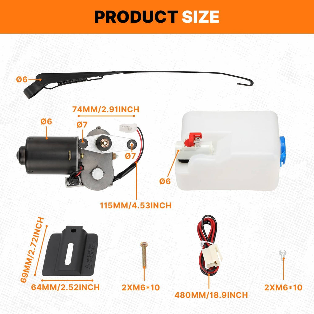 12V windshield wiper motor kit size diagram with motor, tank, and mounting bracket dimensions
