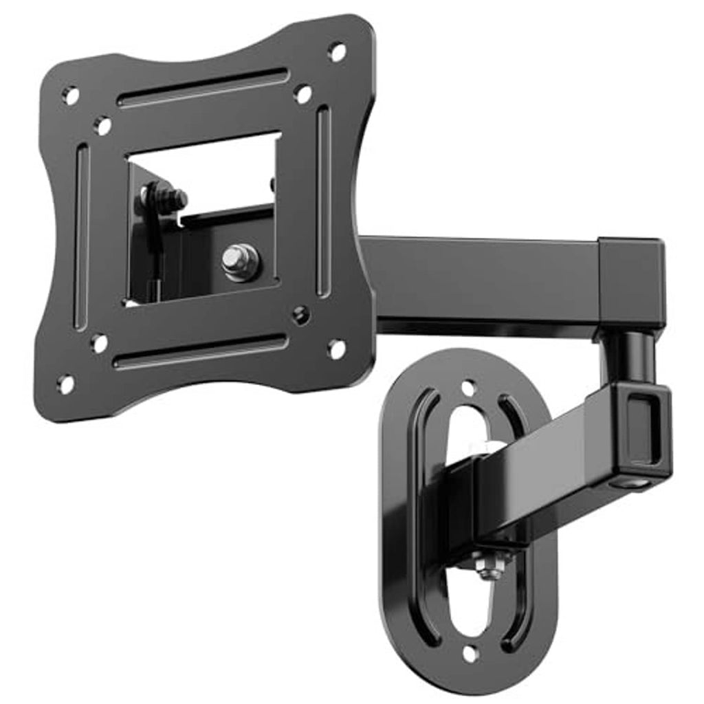 Full motion TV wall mount with extended arms, swivel bracket plate, black metal