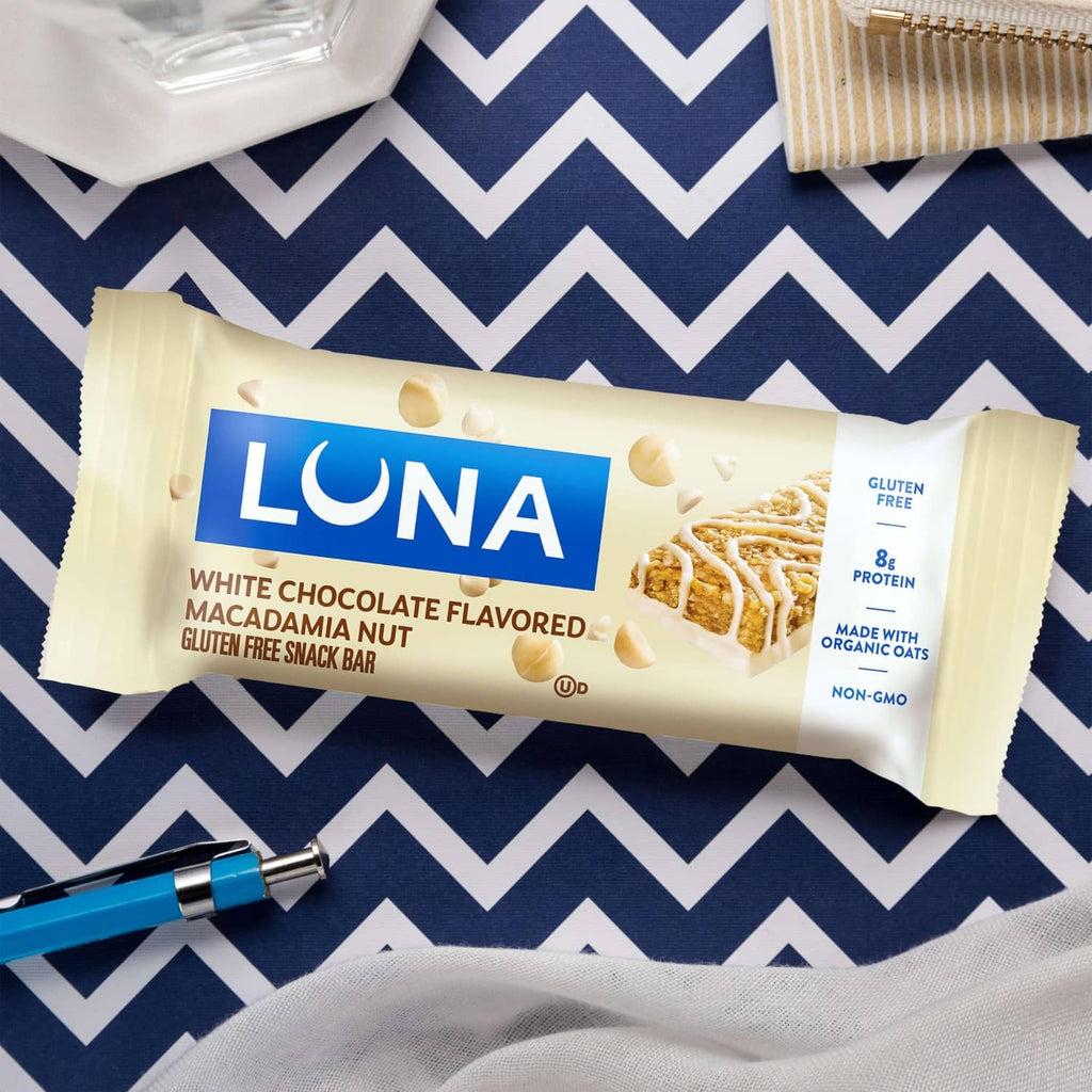 LUNA white chocolate macadamia nut snack bar in wrapper