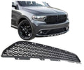 Black front lower grille insert with hex-pattern mesh and curved outer edge