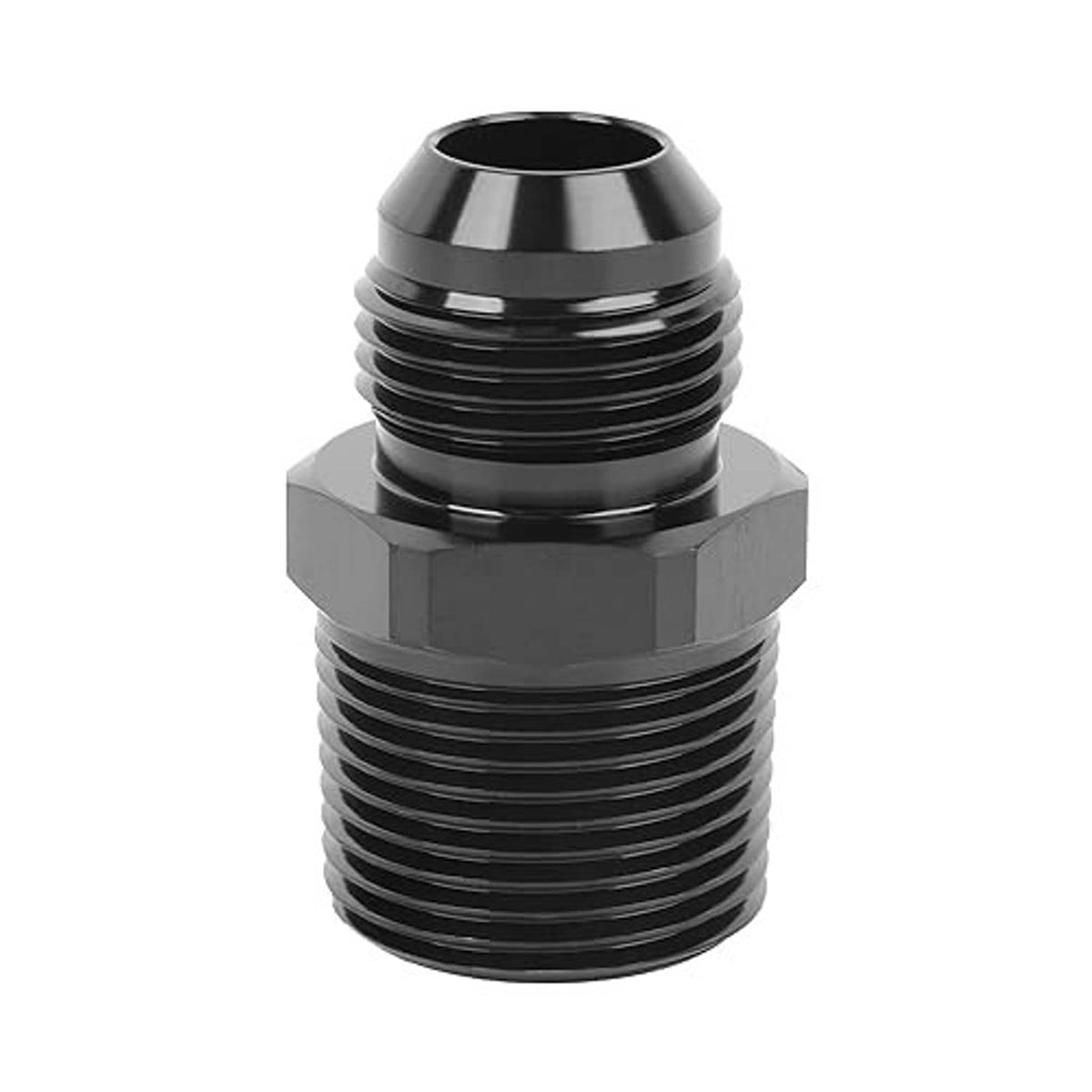 Black straight AN-to-NPT adapter showing hex base and 3/4 NPT male threaded end