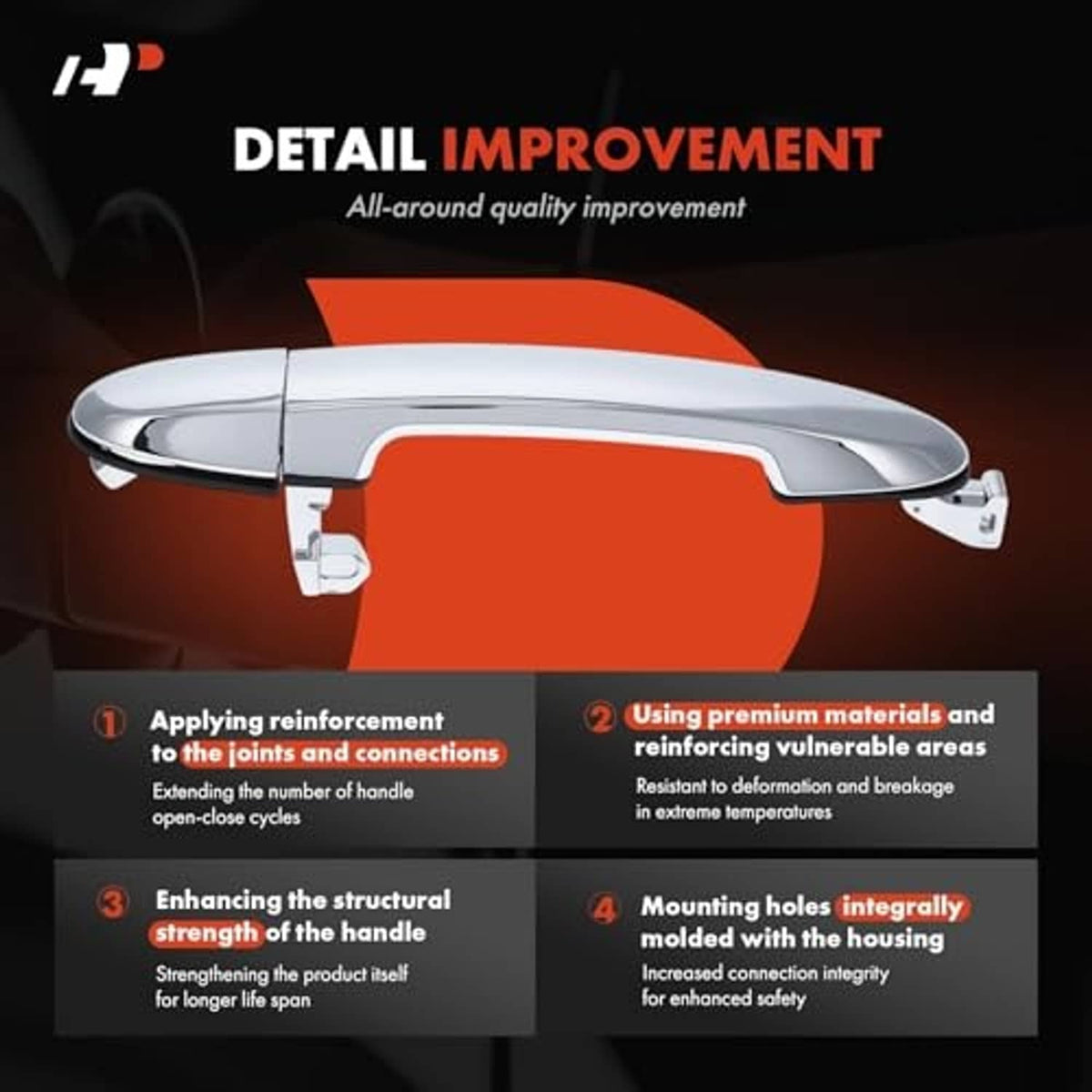 Chrome exterior door handle detail with reinforced mounting holes, front right