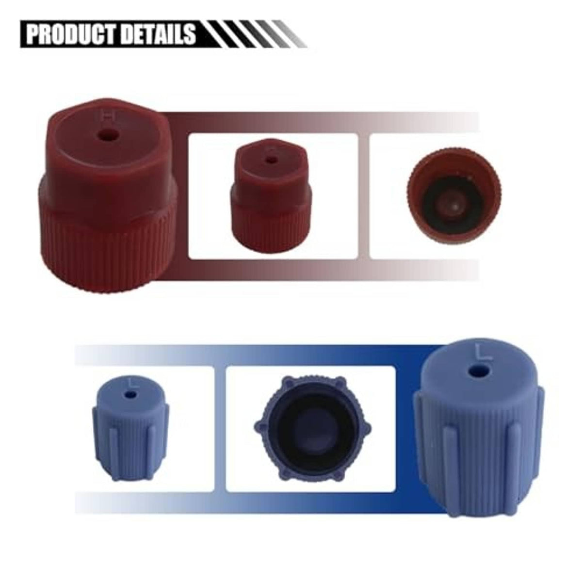 AC service caps: red cap close-up and blue cap with top and side detail views