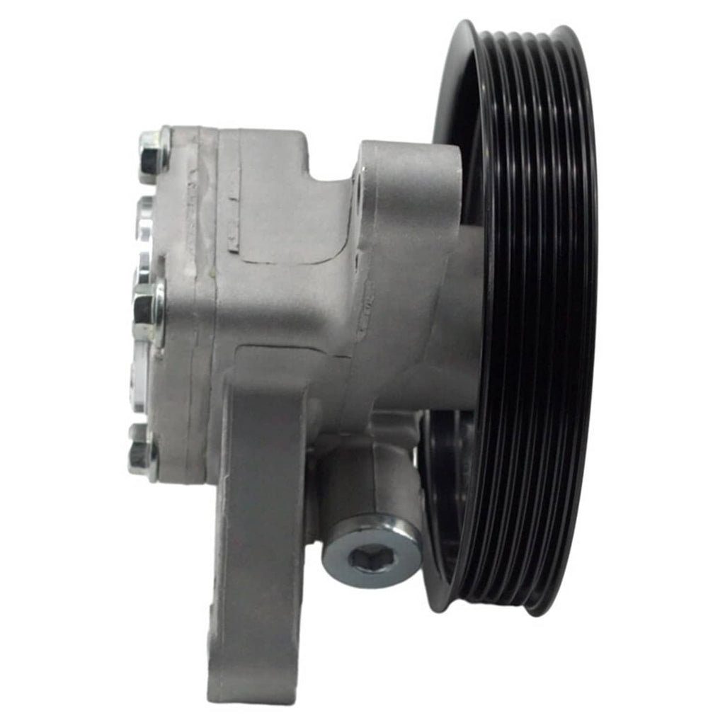 Power steering pump side view with black pulley and metal housing