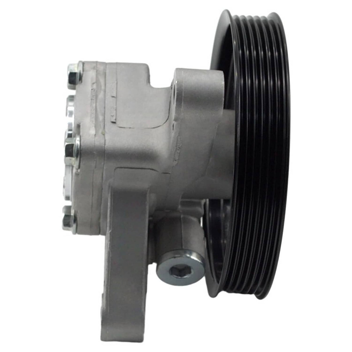 Power steering pump side view with black pulley and metal housing