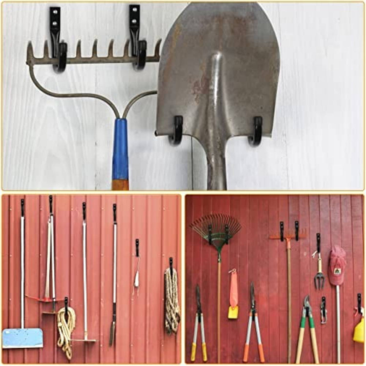 Metal wall tool hooks with curved ends and multi-hook mounting rail for storage