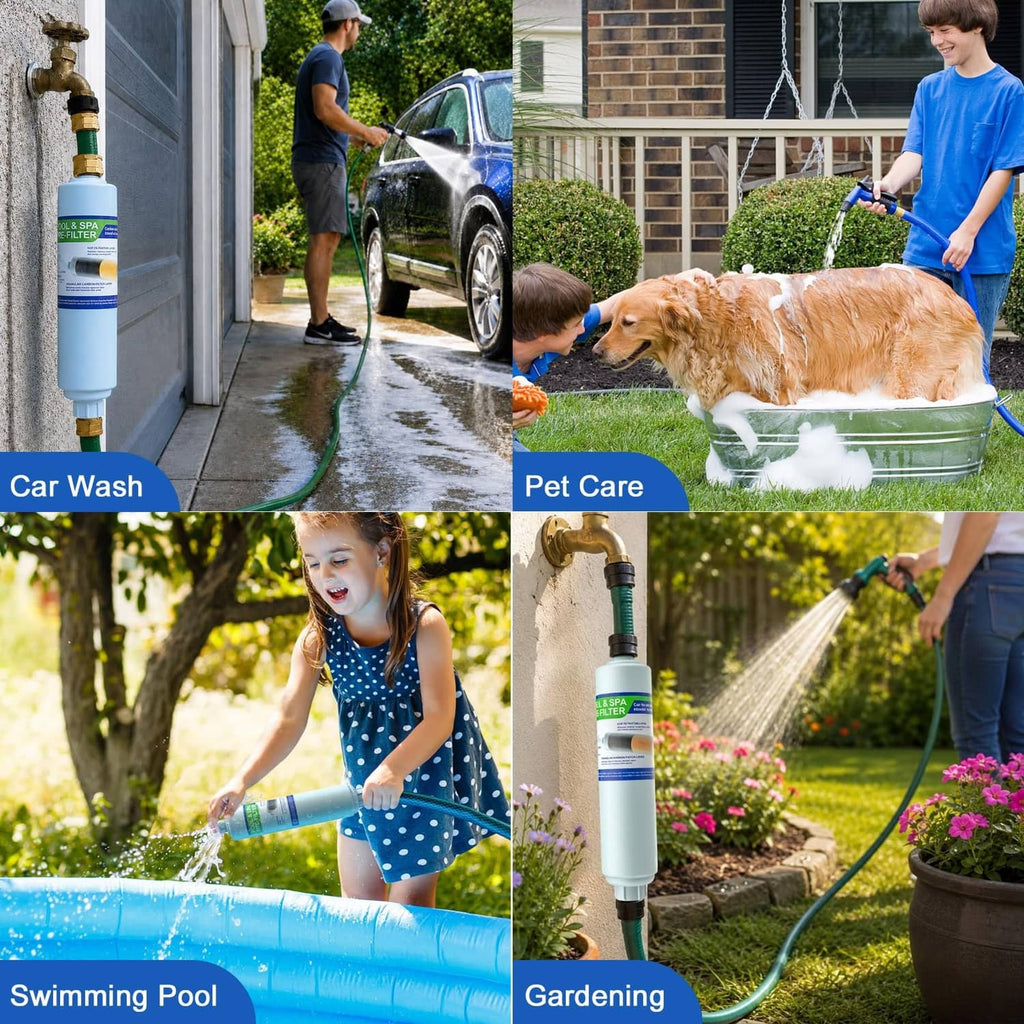 White inline garden hose water filter connected to a garden hose in an outdoor yard