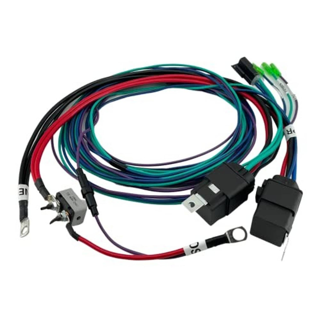 Wiring cable harness kit with bundled green, red, and black wires and engine electrical connectors