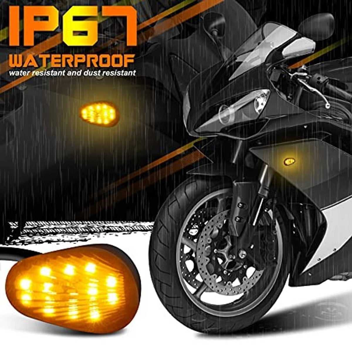 Smoked-lens LED flush-mount turn signal with amber glow and black wiring