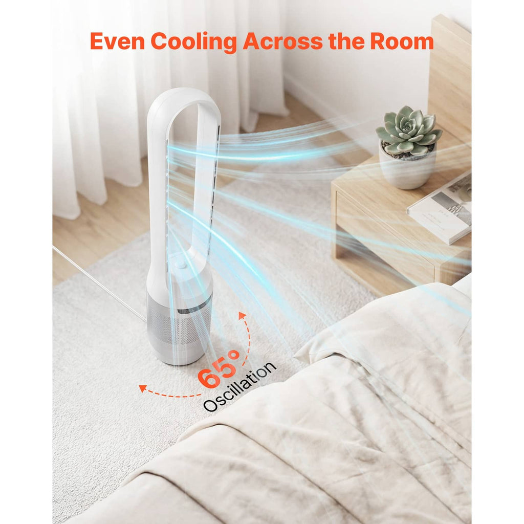 White bladeless tower fan with open air outlet frame and mesh grille
