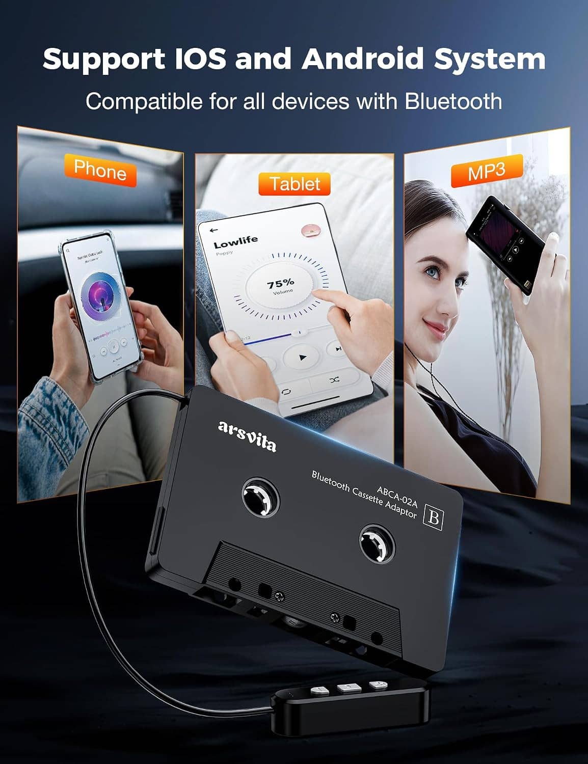 Bluetooth cassette adapter with two cassette-style ends and connected control cable